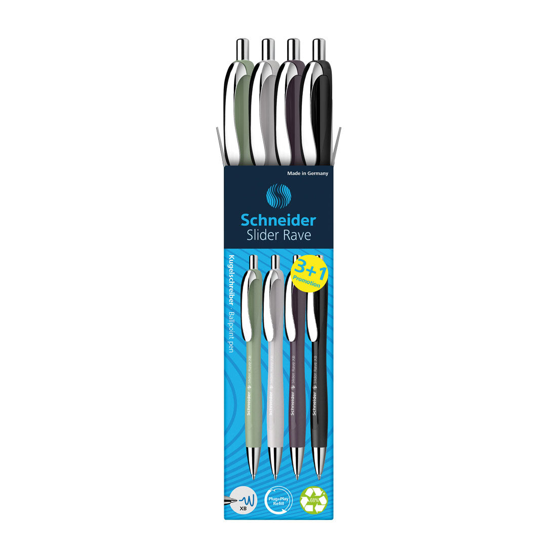 Schneider Rave Retractable Ballpoint Pen XB, Trend Limited Edition, Blue Ink, Promo Set of 3 Units+ 1 FREE Pen RS132684