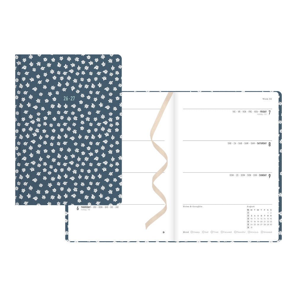 Letts of London Daisies Academic Weekly Planner, A5, 2026 - 2027 - Multilingual 27-031865 #colour_daisies-blue