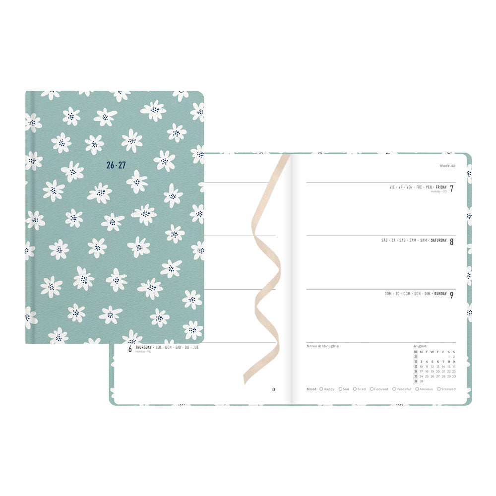 Letts of London Daisies Academic Weekly Planner, A5, 2026 - 2027 - Multilingual 27-031866 #colour_daisies-mint