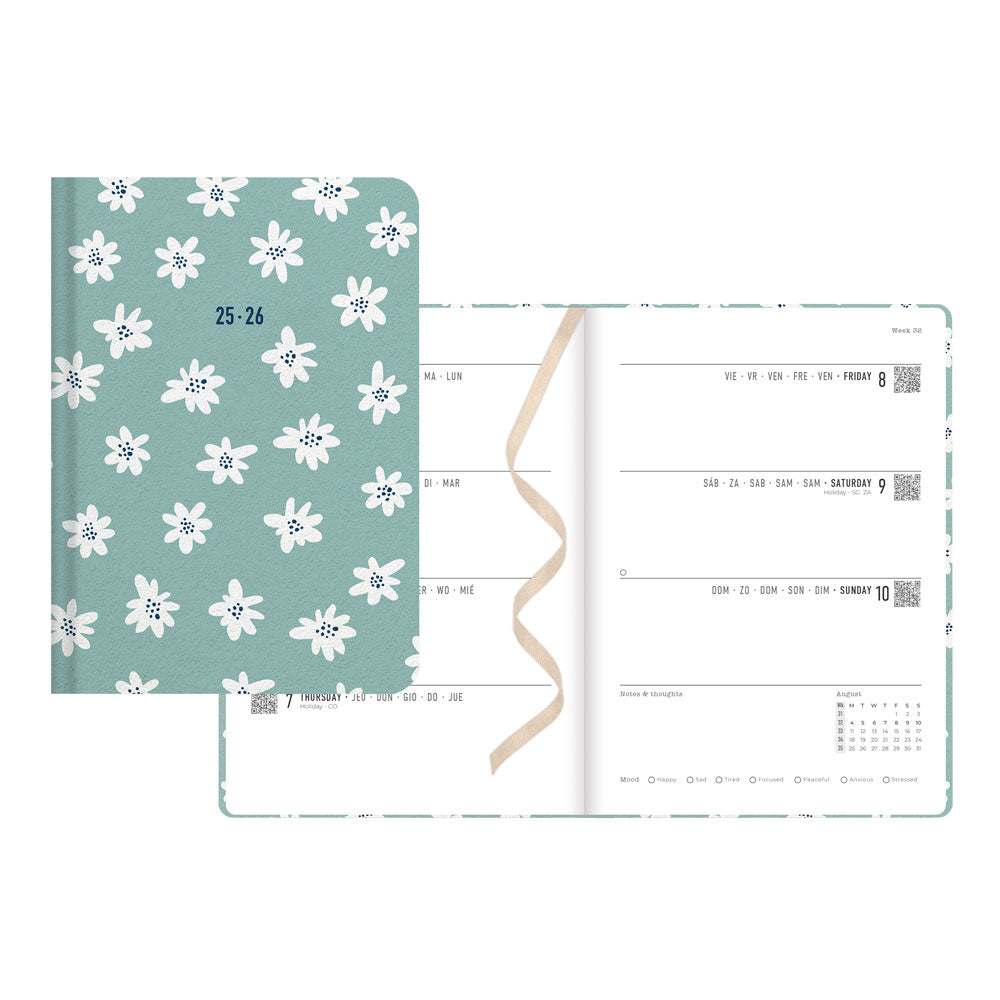 Letts of London Daisies Academic Weekly Planner, A6, 2026 - 2027 - Multilingual 27-031869 #colour_daisies-mint