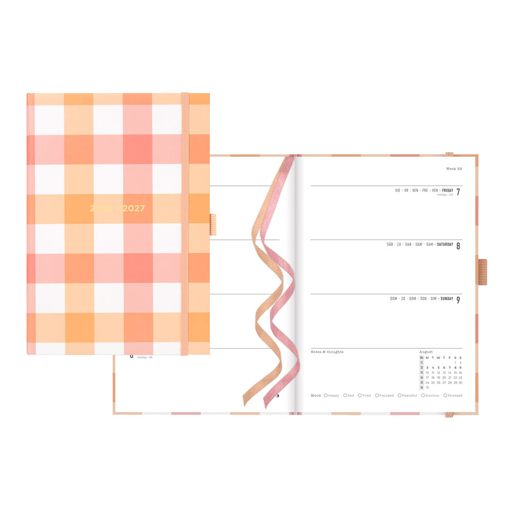 Letts of London Gingham Academic Weekly Planner, A5, 2026 - 2027 - Multilingual 27-031930 #colour_gingham-coral