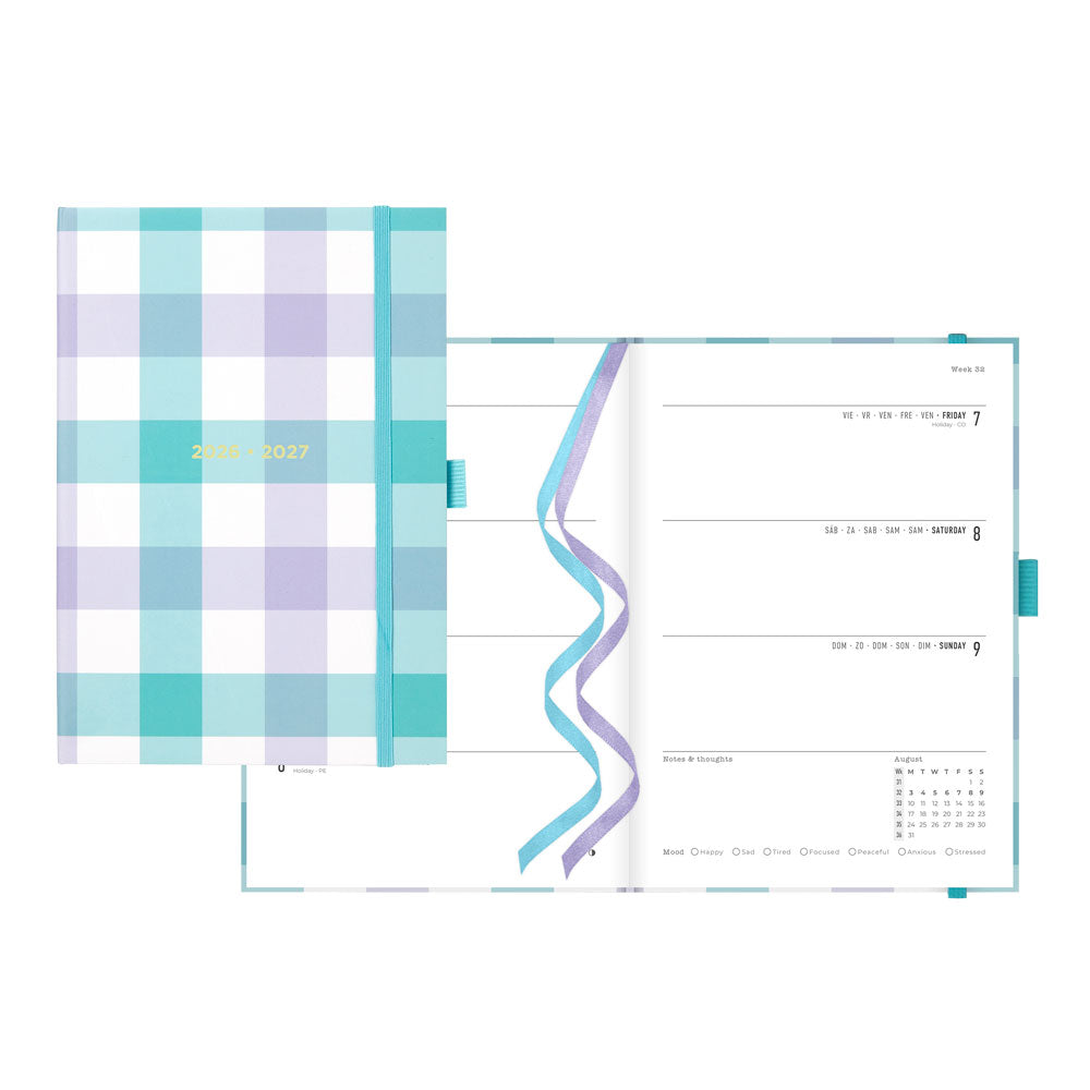 Letts of London Gingham Academic Weekly Planner, A5, 2026 - 2027 - Multilingual 27-031931 #colour_gingham-aqua