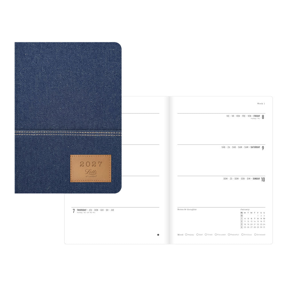 Letts A5 Weekly Planner, Denim, Multilanguage, 2027 27-082644 #colour_denim-blue