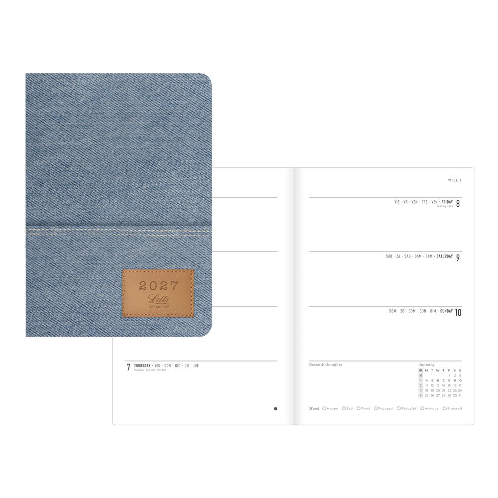 Letts A5 Weekly Planner, Denim, Multilanguage, 2027 27-082645 #colour_denim-light-wash