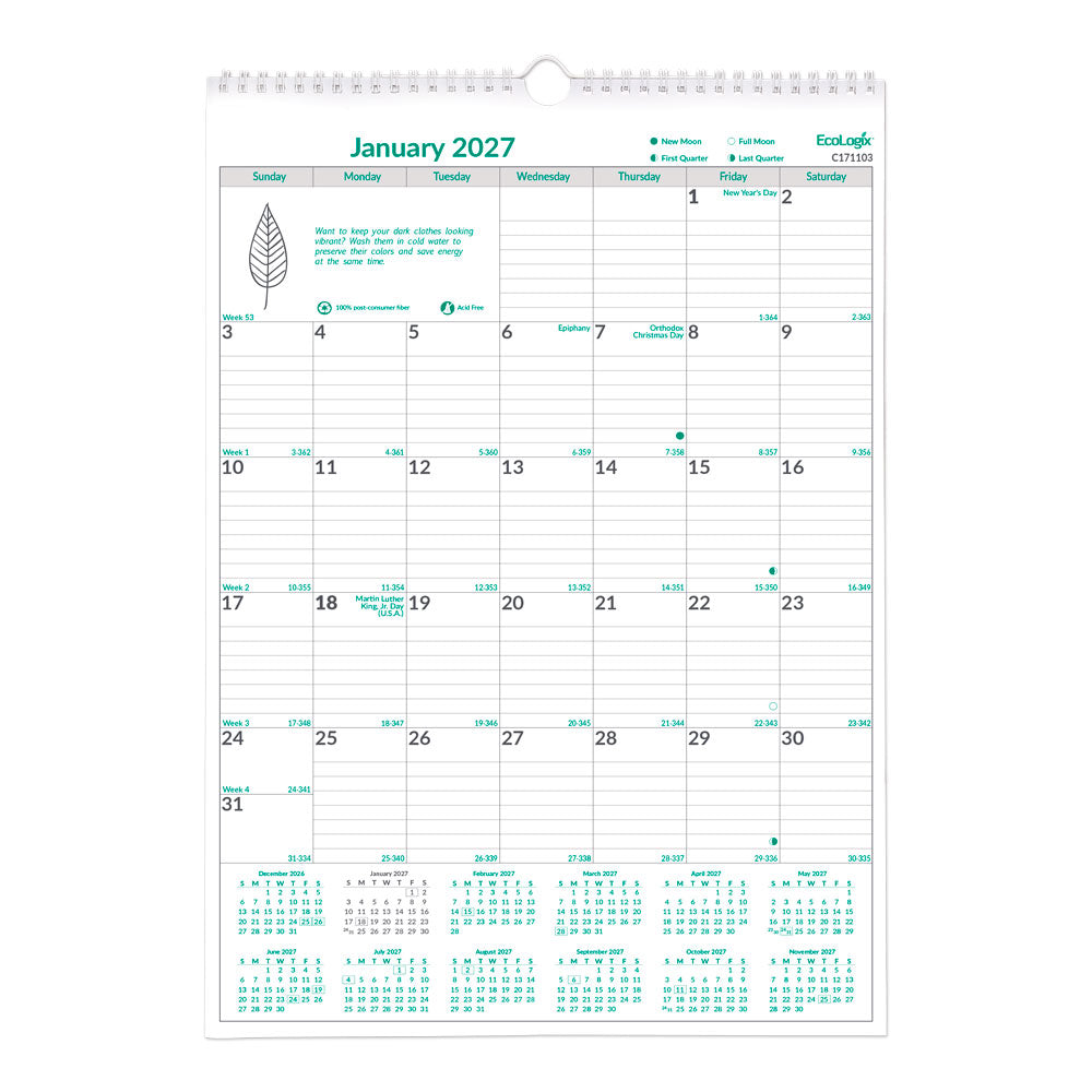 Monthly Wall Calendar, EcoLogix®, English, 2027 C171103-27 Blueline