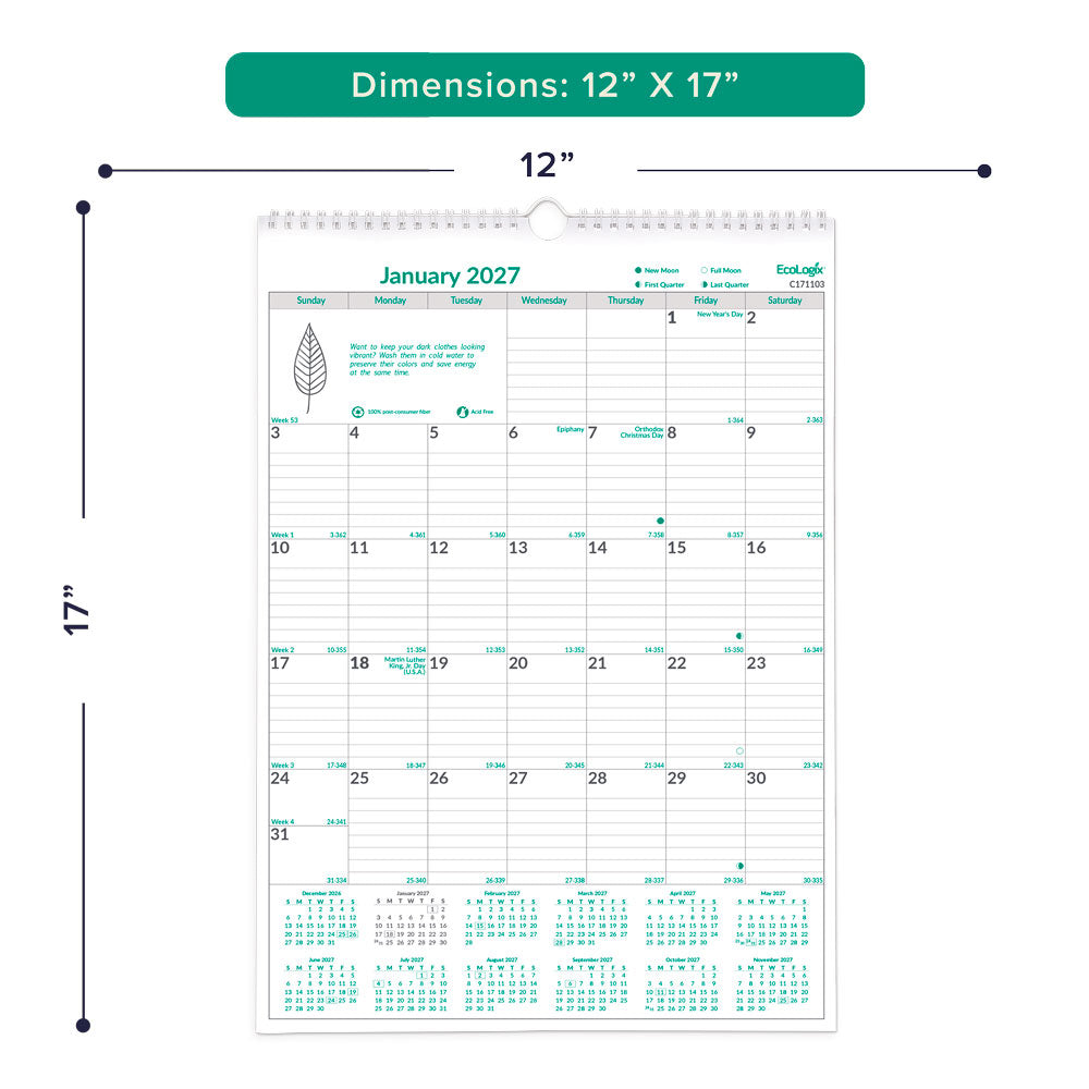 Monthly Wall Calendar, EcoLogix®, English, 2027 C171103-27 Blueline