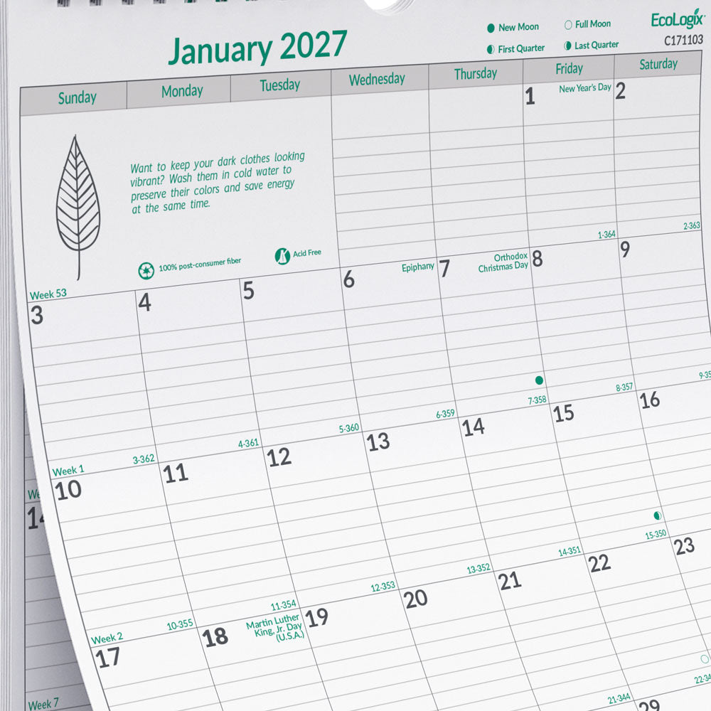Monthly Wall Calendar, EcoLogix®, English, 2027 C171103-27 Blueline