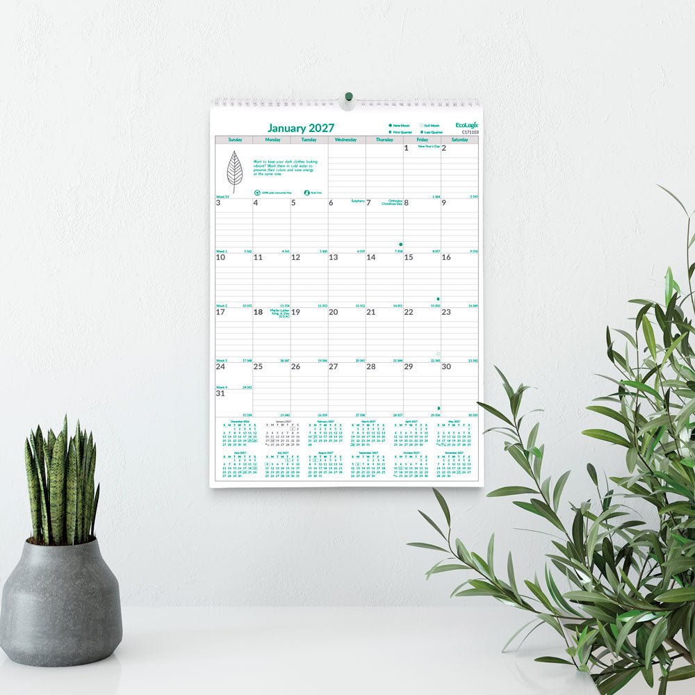 Monthly Wall Calendar, EcoLogix®, English, 2027 C171103-27 Blueline