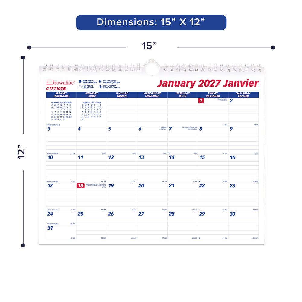 Monthly Wall Calendar, Bilingual, 2027 C171107B-27 Brownline Canada