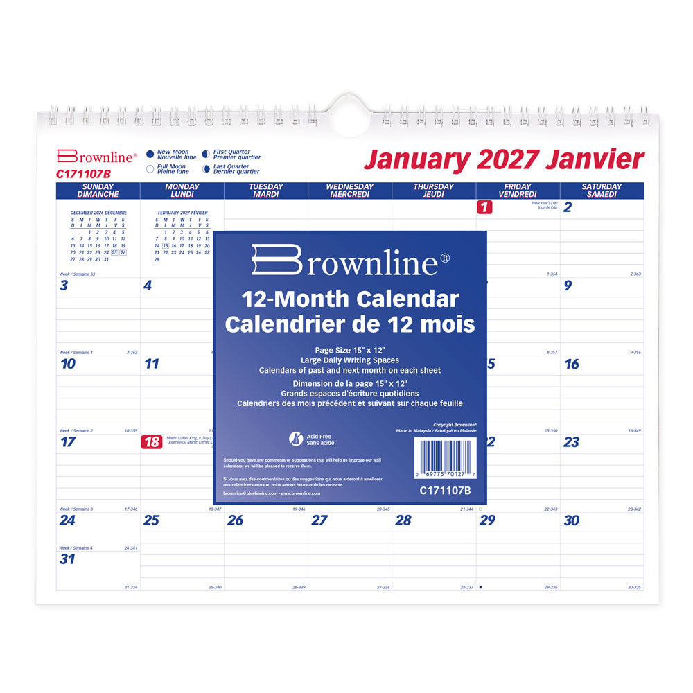 Monthly Wall Calendar, Bilingual, 2027 C171107B-27 Brownline Canada
