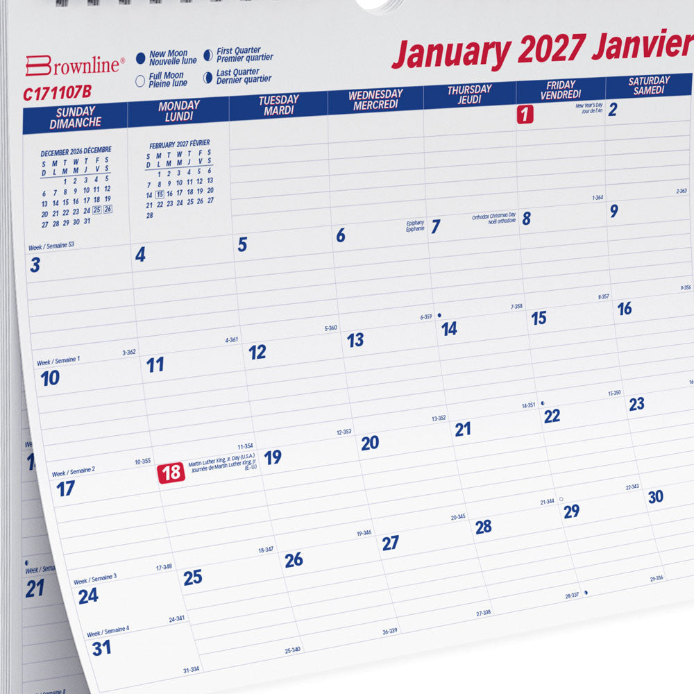 Monthly Wall Calendar, Bilingual, 2027 C171107B-27 Brownline Canada