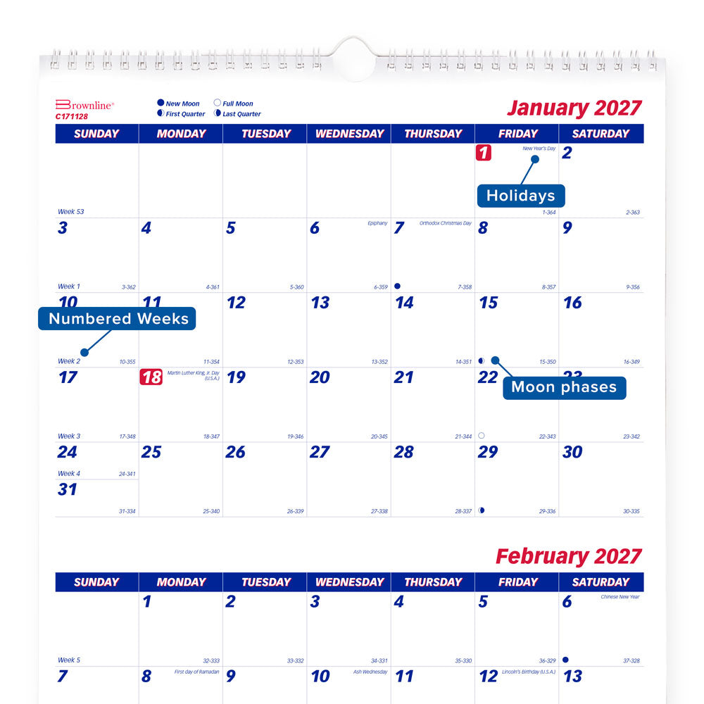 Monthly Wall Calendar, English, 2027 C171128-27 Brownline Canada