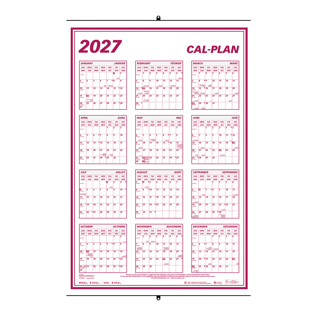 Yearly Wall Planner, Cal-Plan, Bilingual, 2027 C177367-27 Brownline Canada