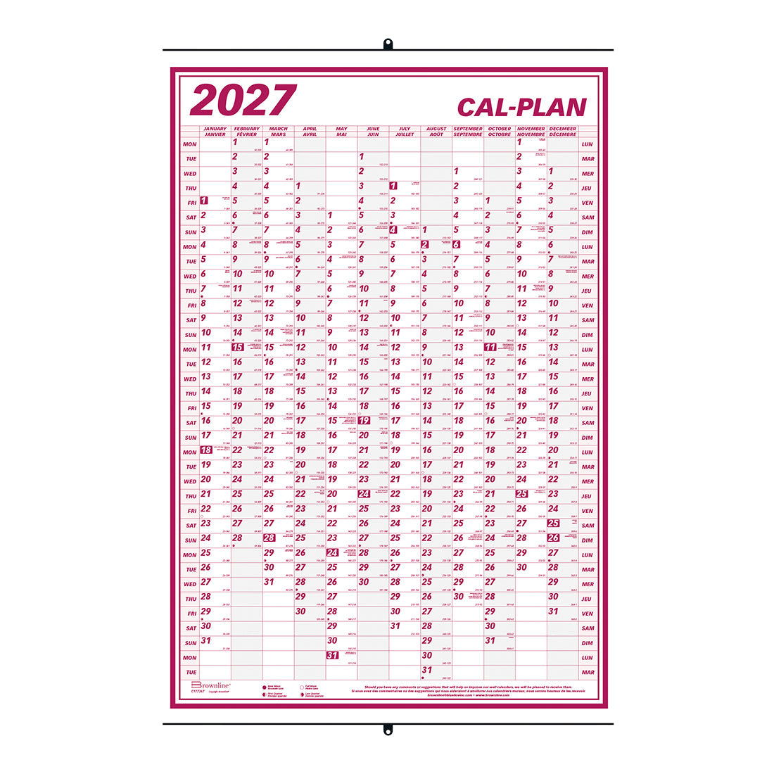 Yearly Wall Planner, Cal-Plan, Bilingual, 2027 C177367-27 Brownline Canada