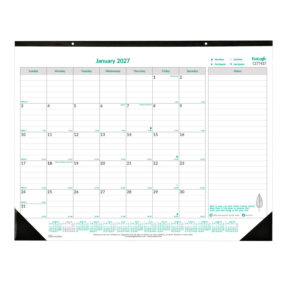Monthly Desk Pad Calendar, EcoLogix®, English, 2027 C177437-27 Brownline Canada