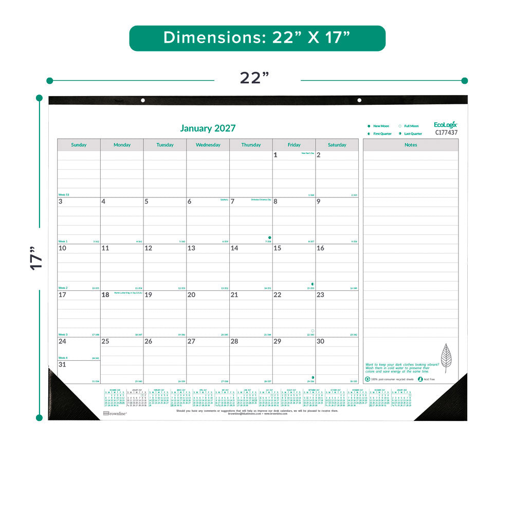 Monthly Desk Pad Calendar, EcoLogix®, English, 2027 C177437-27 Brownline Canada