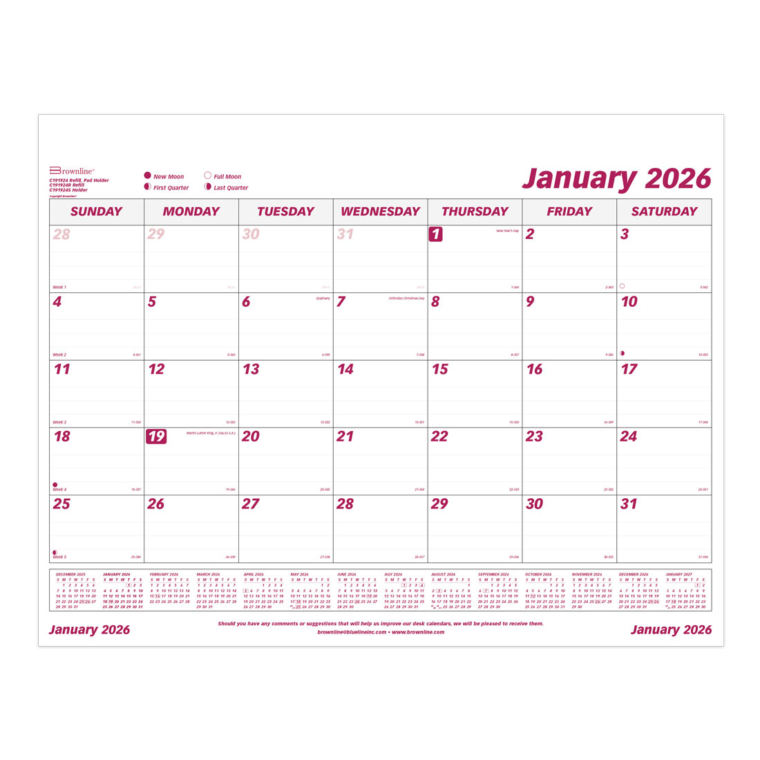 Brownline Monthly Desk Pad Refill 2026, English C191924R-26