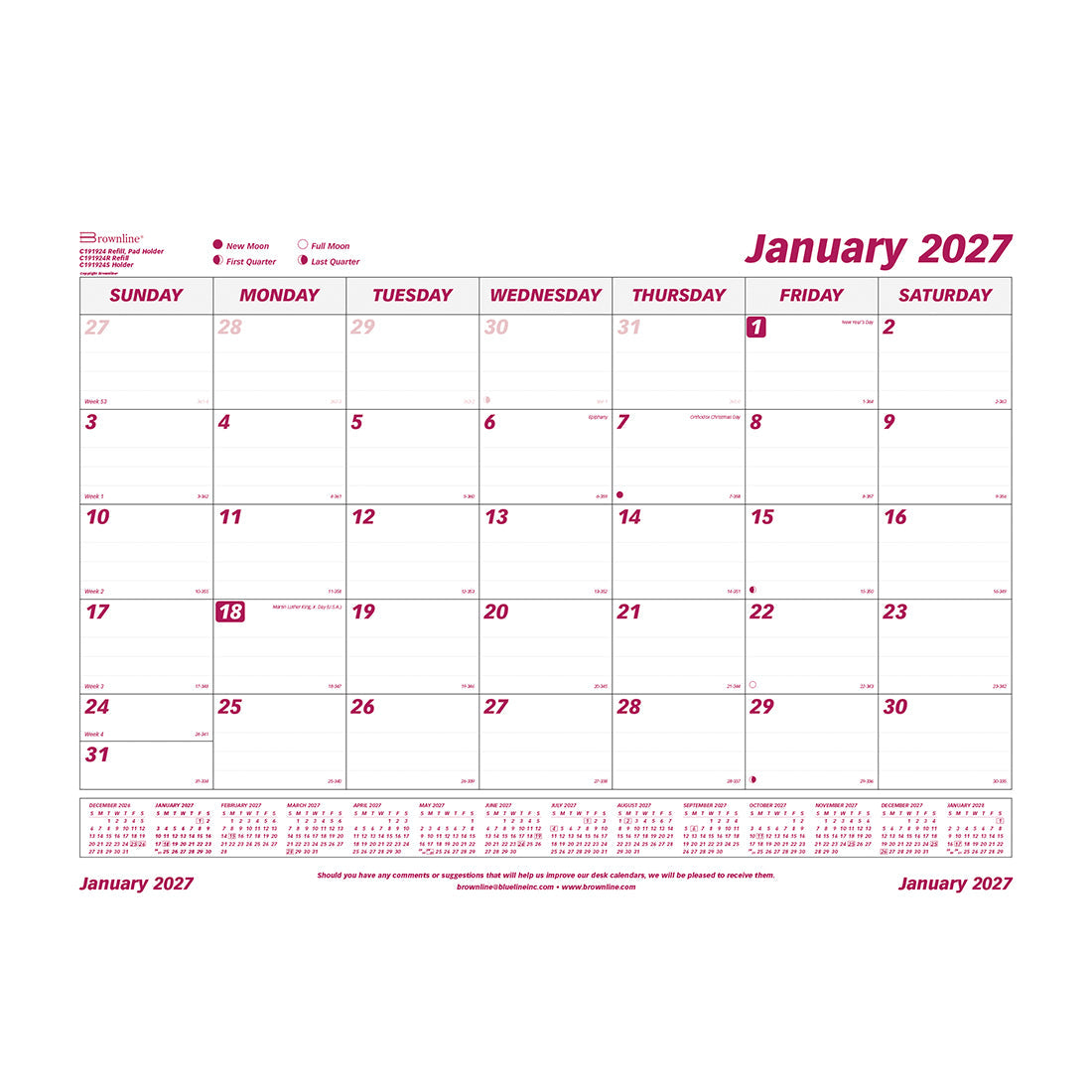 Monthly Desk Pad Calendar, English, 2027 C191924R-27 Brownline Canada