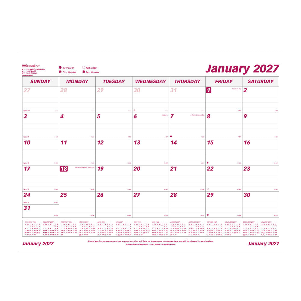 Monthly Desk Pad Calendar, English, 2027 C191924R-27 Brownline Canada