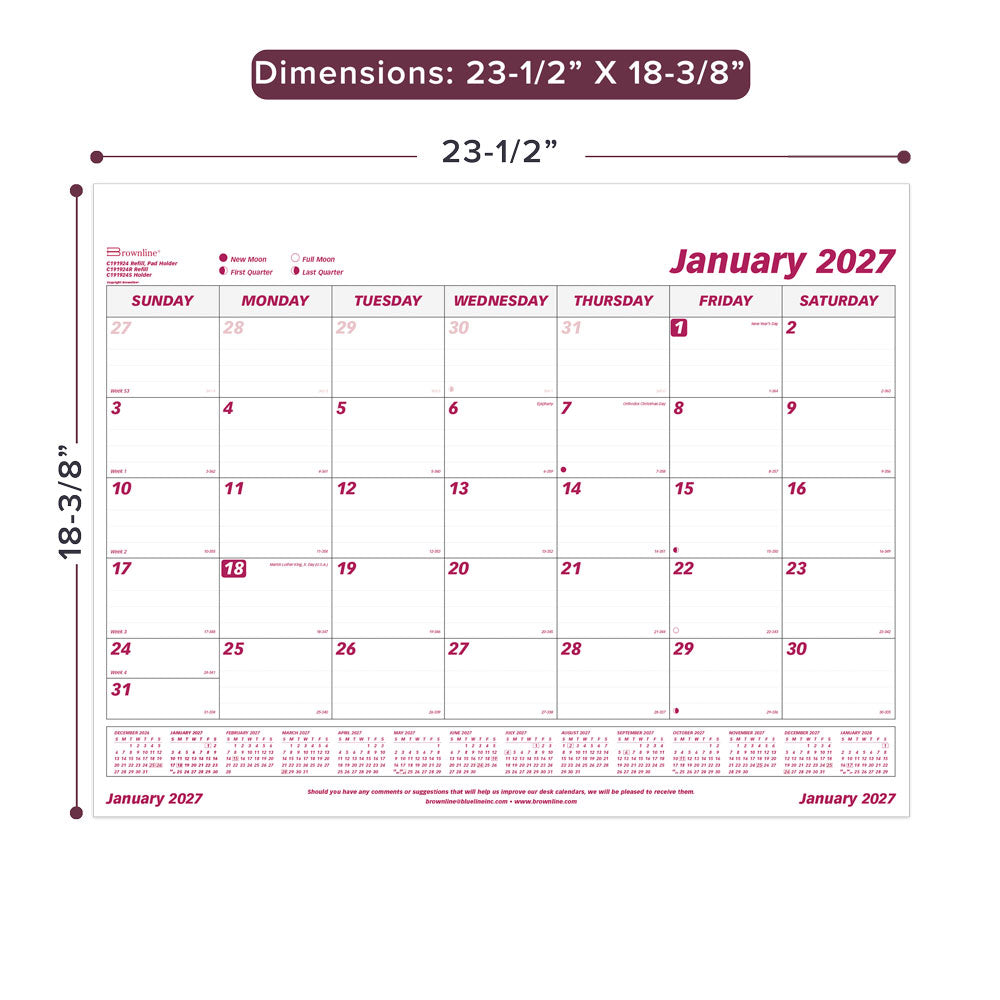 Monthly Desk Pad Calendar, English, 2027 C191924R-27 Brownline Canada