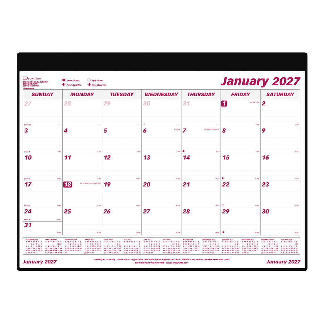 Monthly Desk Pad Calendar, English, 2027 C191924-27 Brownline Canada
