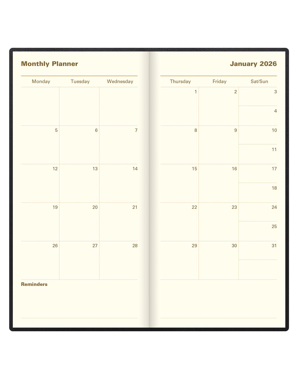 Letts of London Belgravia Slim Week to View Leather Diary with Planners 2026 - English Black 26-C33SUBK #colour_black