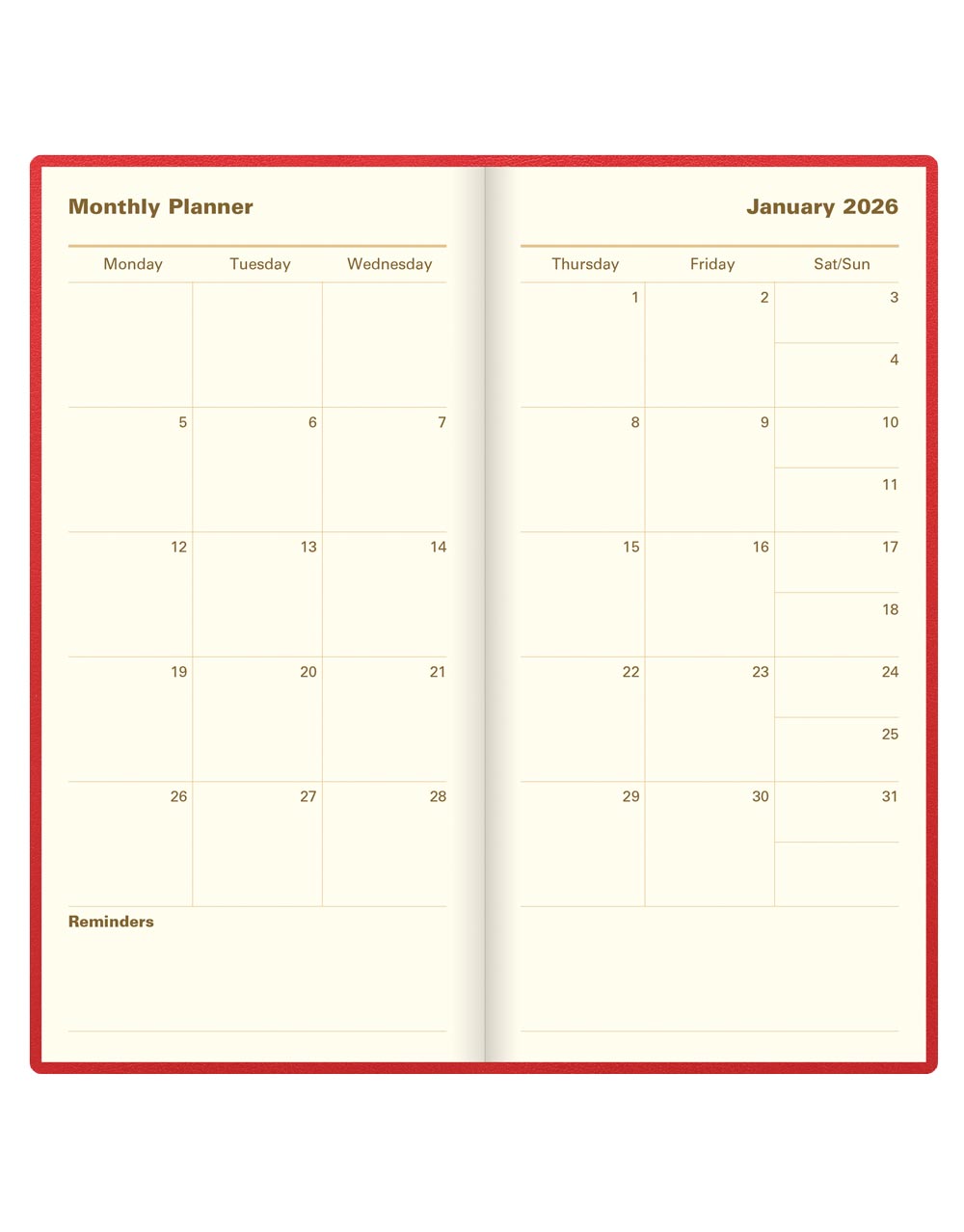 Letts of London Belgravia Slim Week to View Leather Diary with Planners 2026 - English Red 26-C33SURD #colour_red