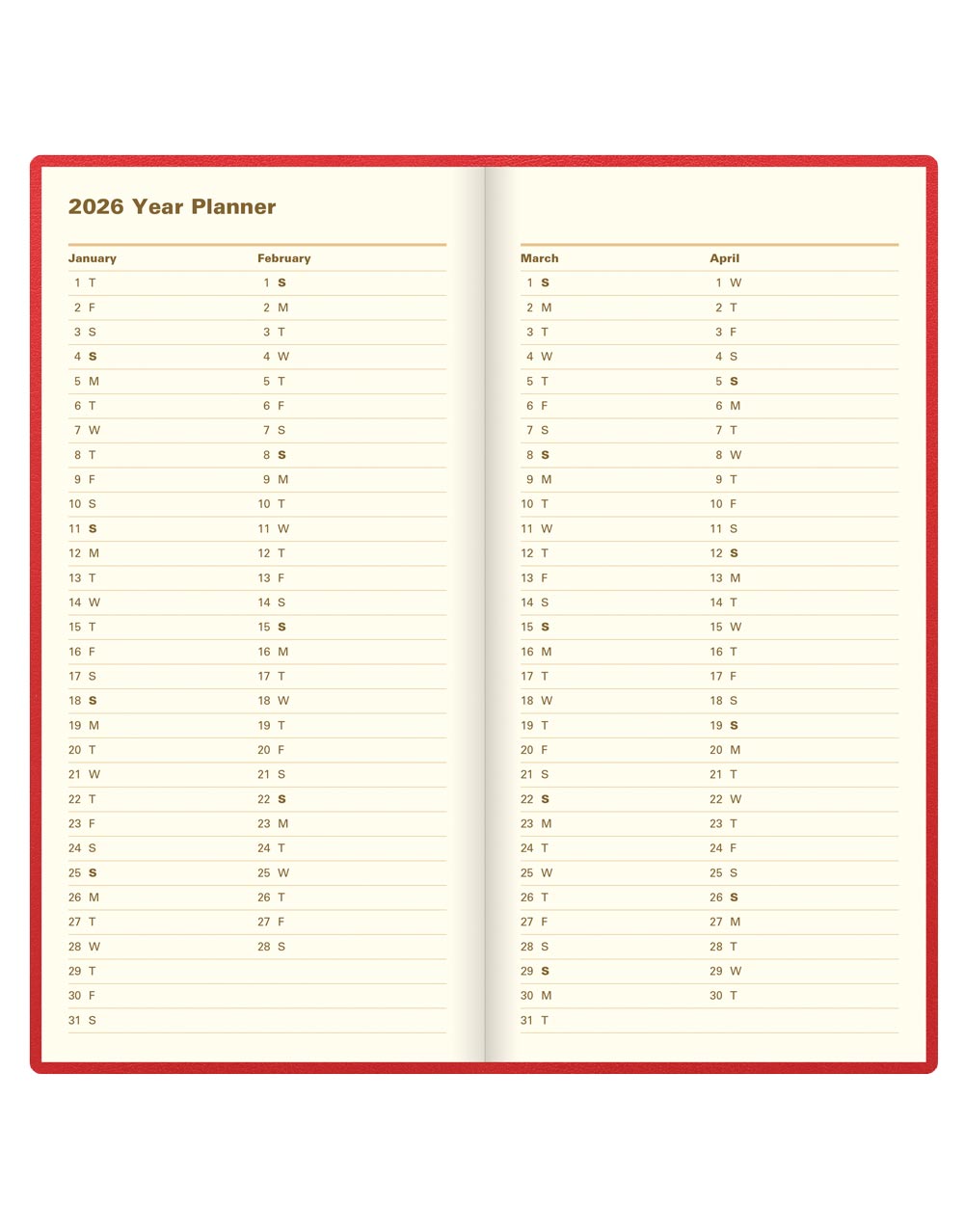 Letts of London Belgravia Slim Week to View Leather Diary with Planners 2026 - English Red 26-C33SURD #colour_red