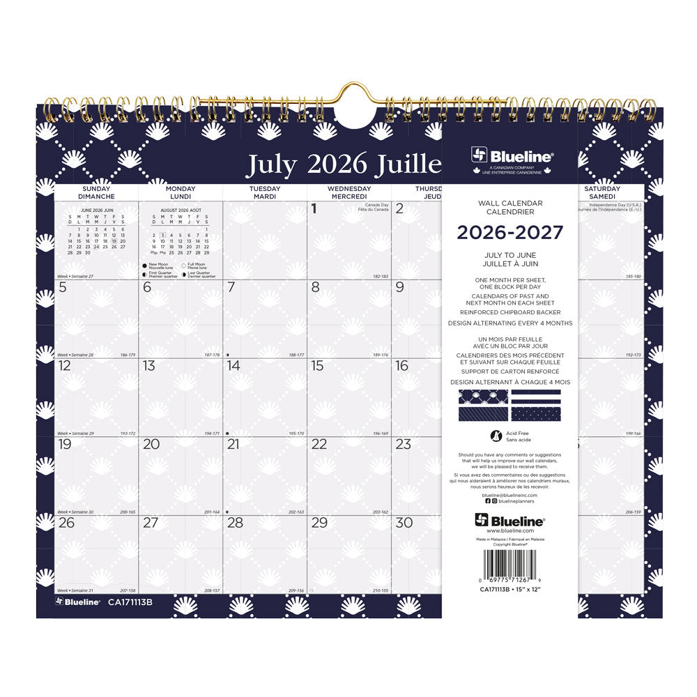 Blueline Academic Monthly Small Wall Calendar 2027, Bilingual, Nautical CA171113B