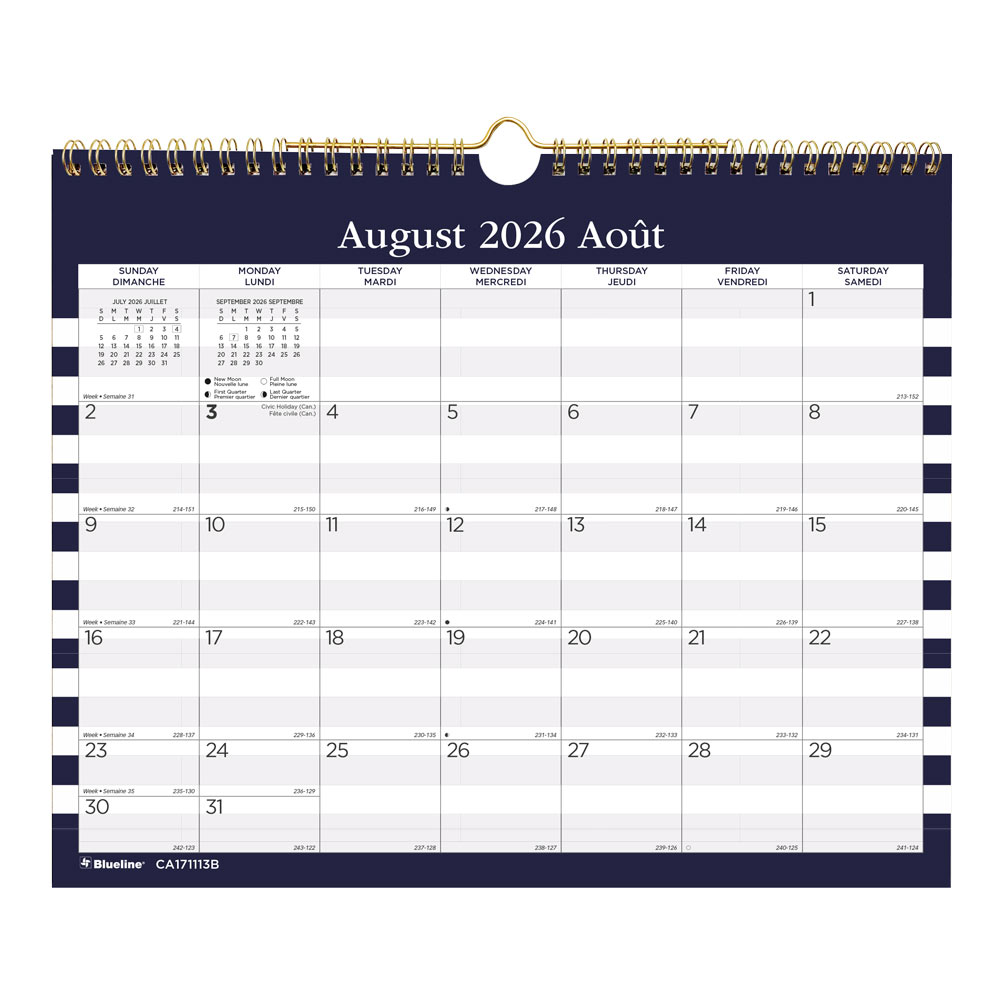 Blueline Academic Monthly Small Wall Calendar 2027, Bilingual, Nautical CA171113B