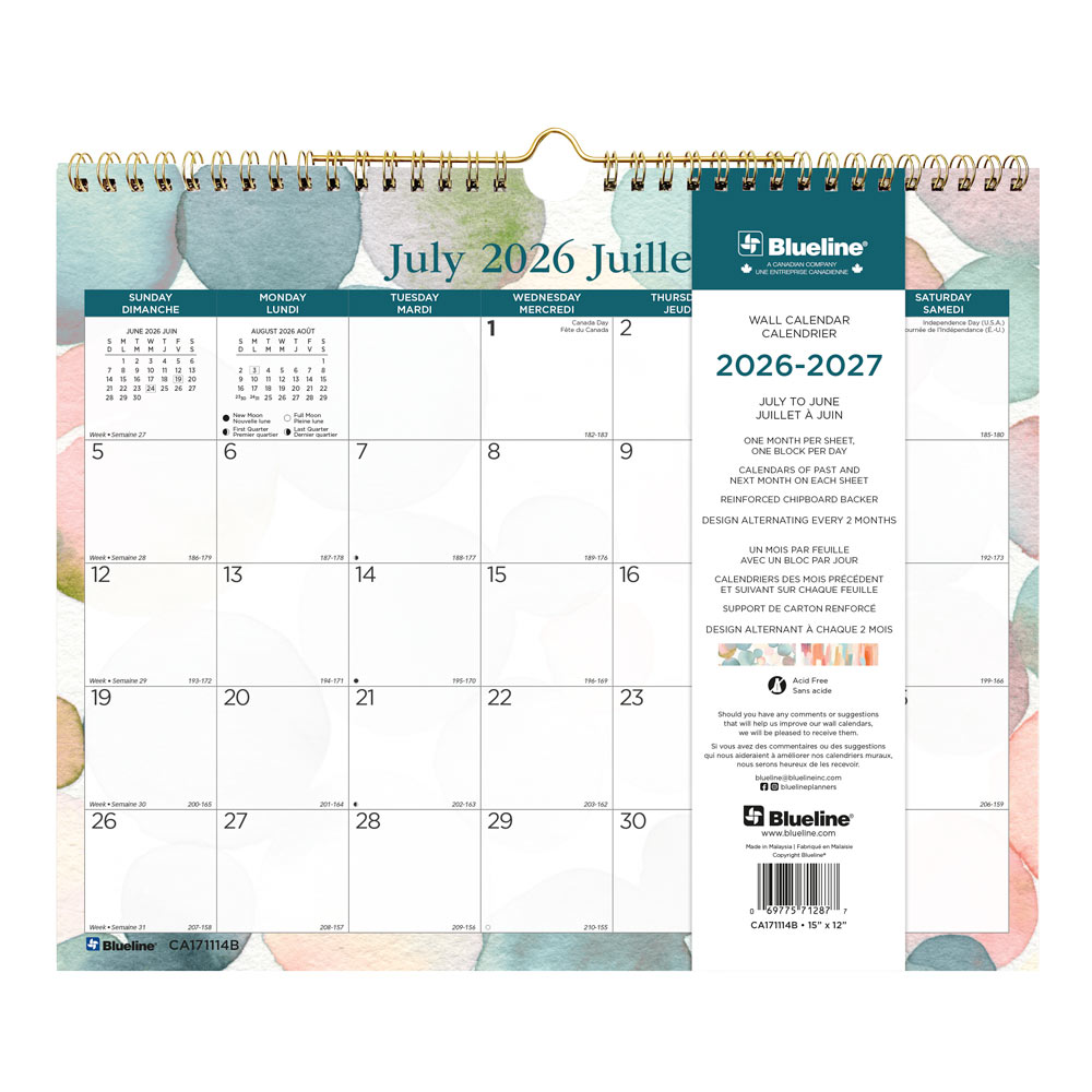 Blueline Academic Monthly Small Wall Calendar 2027, Bilingual, Splash CA171114B