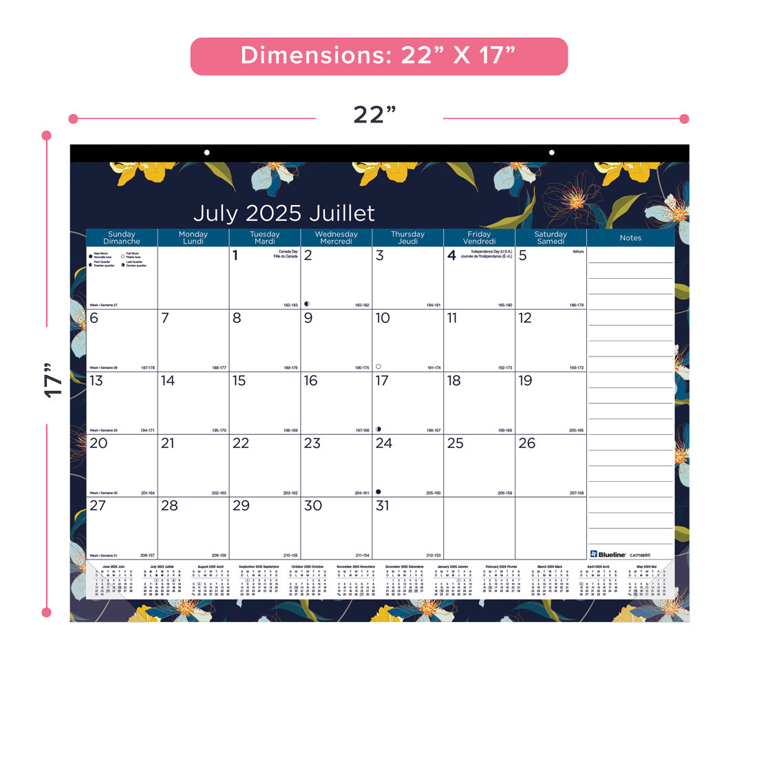 Academic 18-Month Desk Pad Calendar, Blossom, 2025-2026 - Bilingual - Blueline CA1716BBD-26