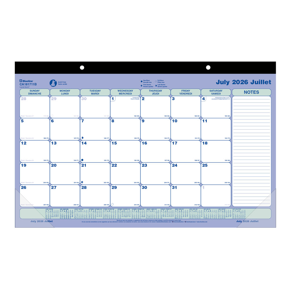 Blueline Academic Monthly Desk Pad Calendar, Classic, 2026-2027 - Bilingual CA181711B