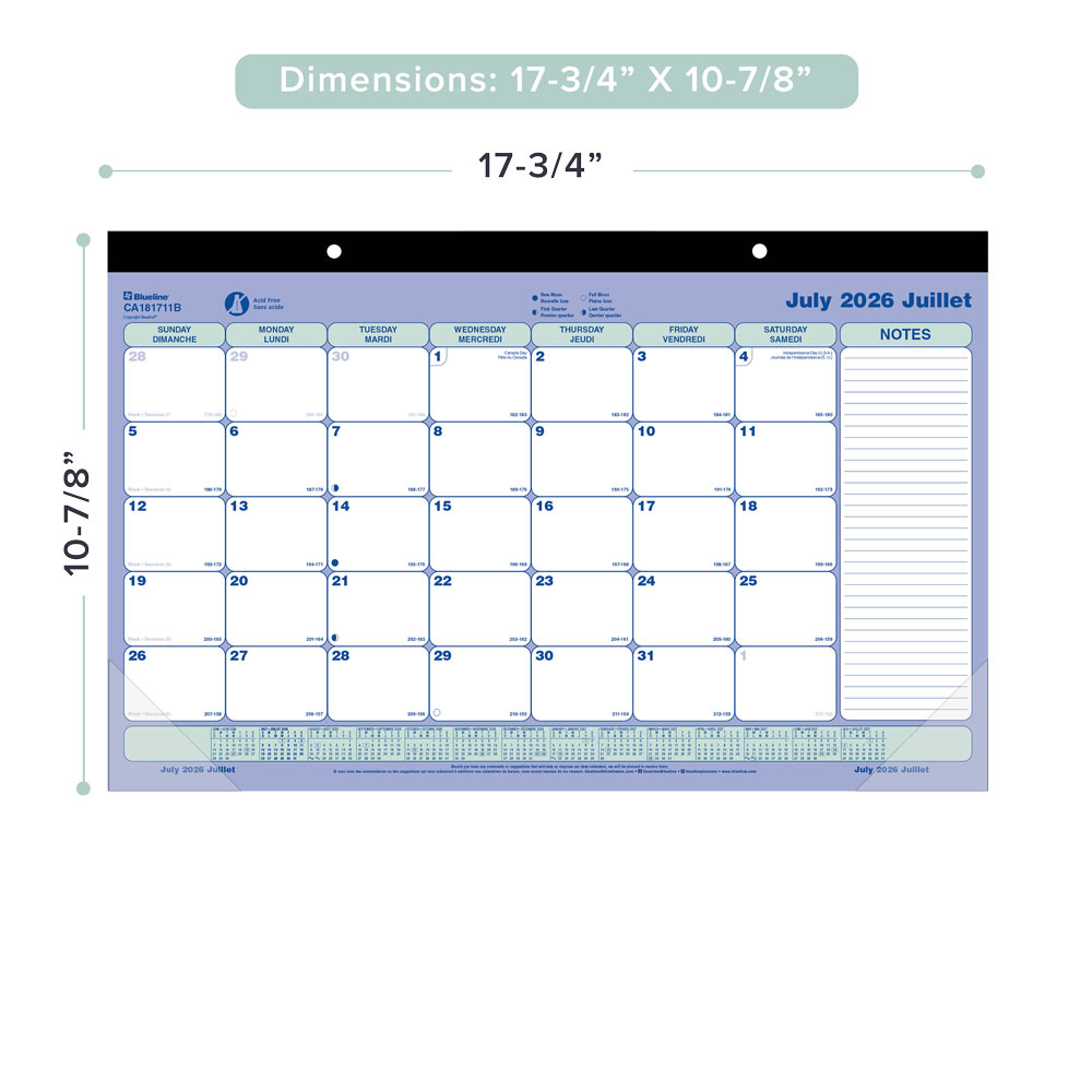 Blueline Academic Monthly Desk Pad Calendar, Classic, 2026-2027 - Bilingual CA181711B
