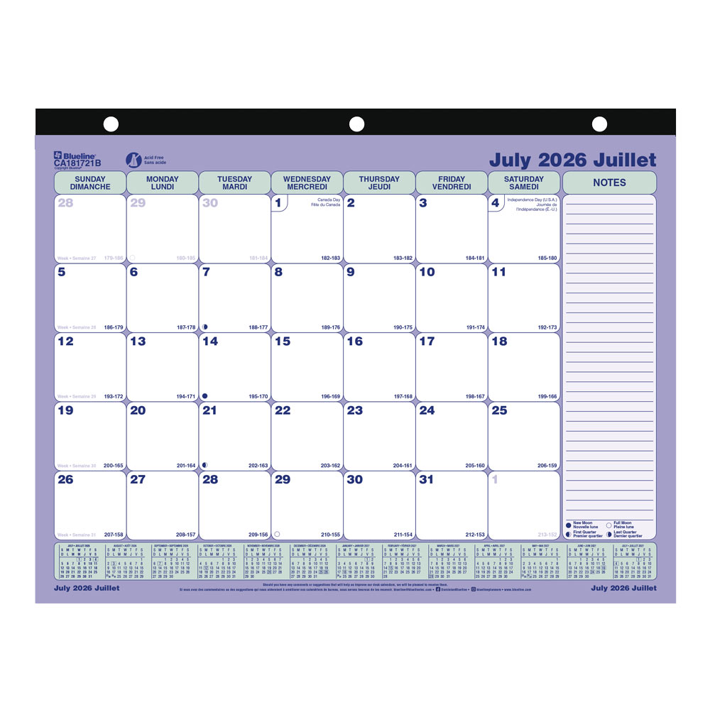Blueline Academic Monthly Desk Pad Calendar, Classic, 2026-2027 - Bilingual CA181721B