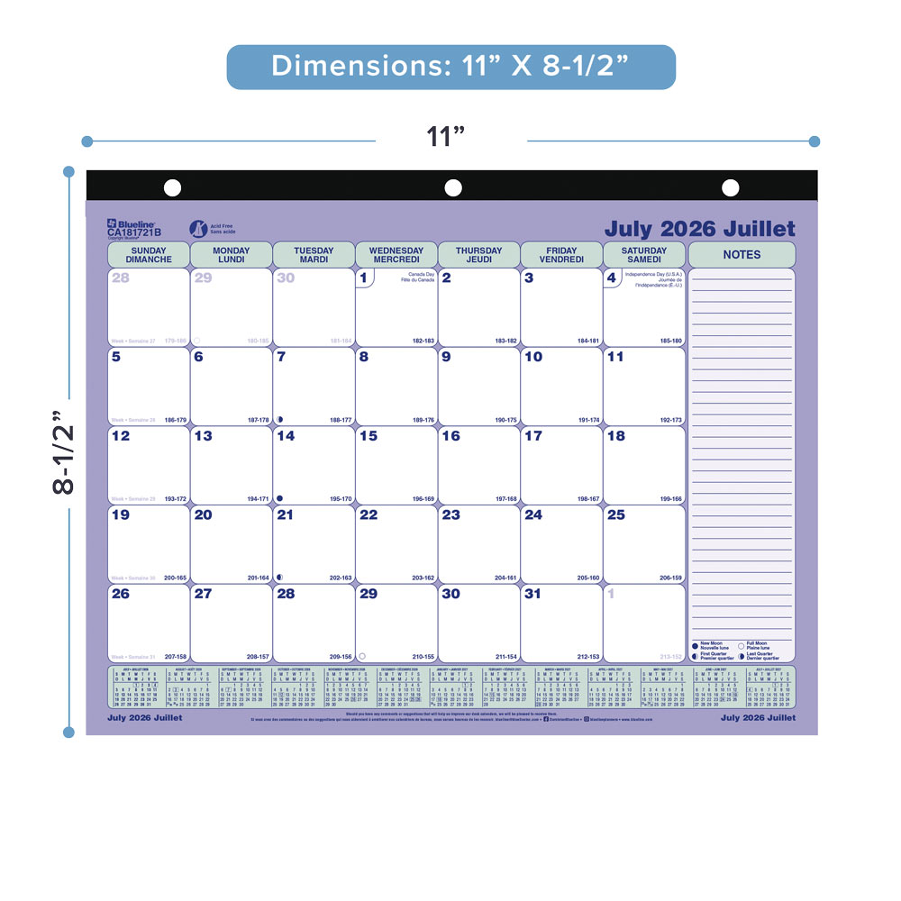 Blueline Academic Monthly Desk Pad Calendar, Classic, 2026-2027 - Bilingual CA181721B