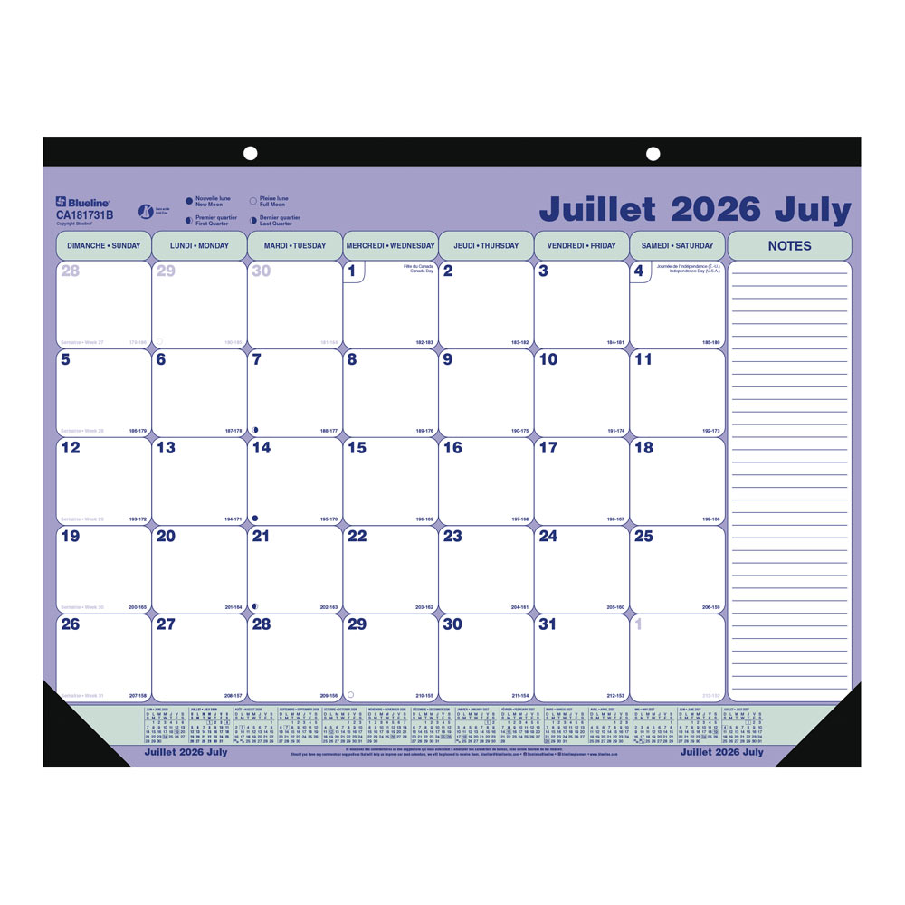 Blueline Academic Monthly Desk Pad Calendar, Classic, 2026-2027 - Bilingual CA181731B