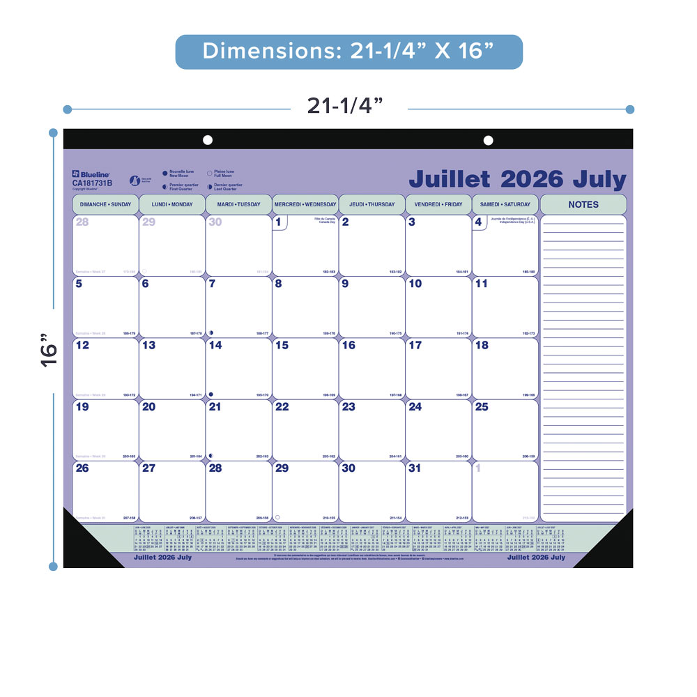 Blueline Academic Monthly Desk Pad Calendar, Classic, 2026-2027 - Bilingual CA181731B