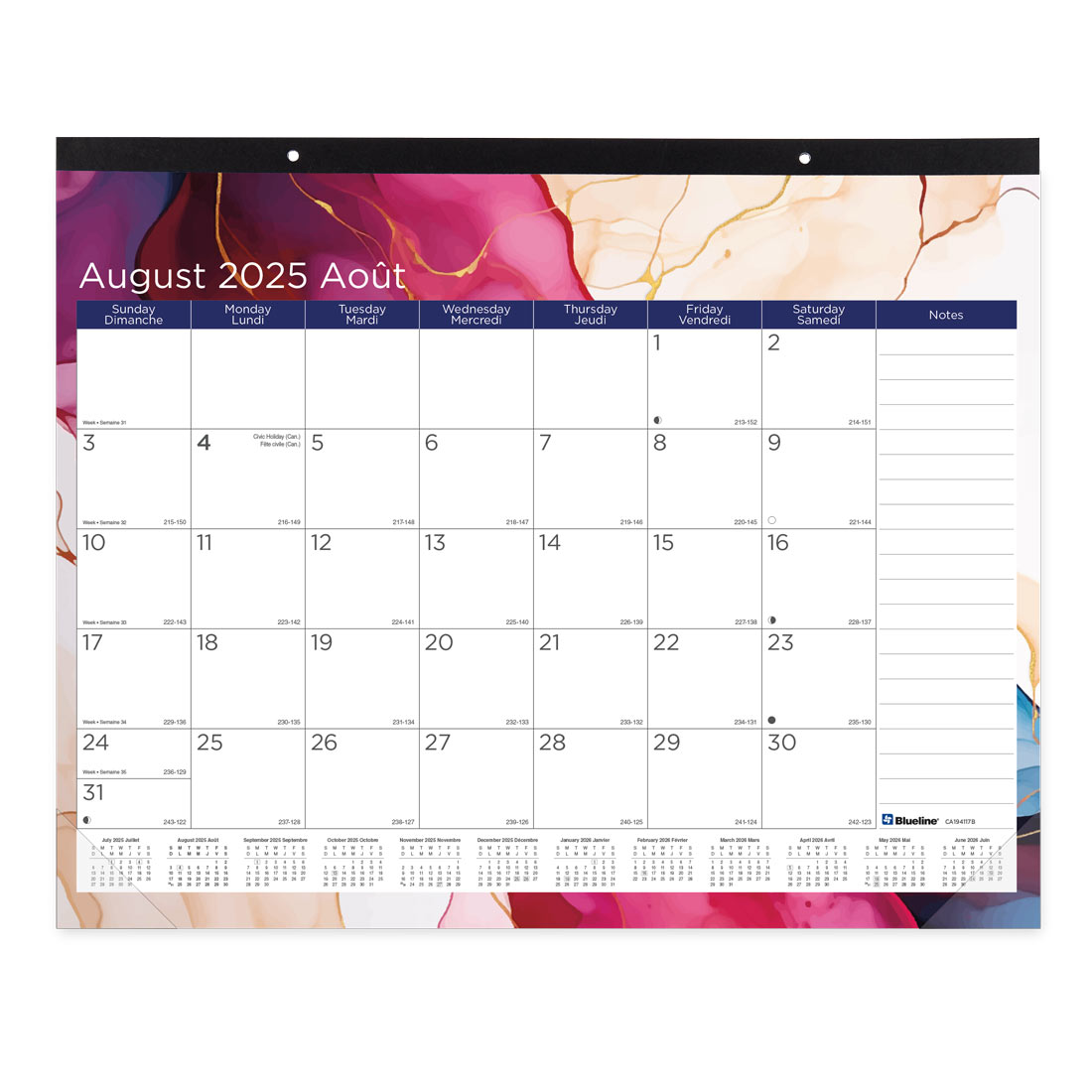 Colourful Academic Monthly Desk Pad Calendar, Marble, 2025-2026 - Bilingual - Blueline CA194117B-26