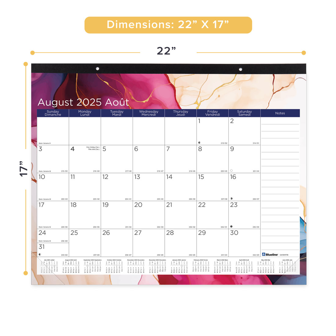 Colourful Academic Monthly Desk Pad Calendar, Marble, 2025-2026 - Bilingual - Blueline CA194117B-26