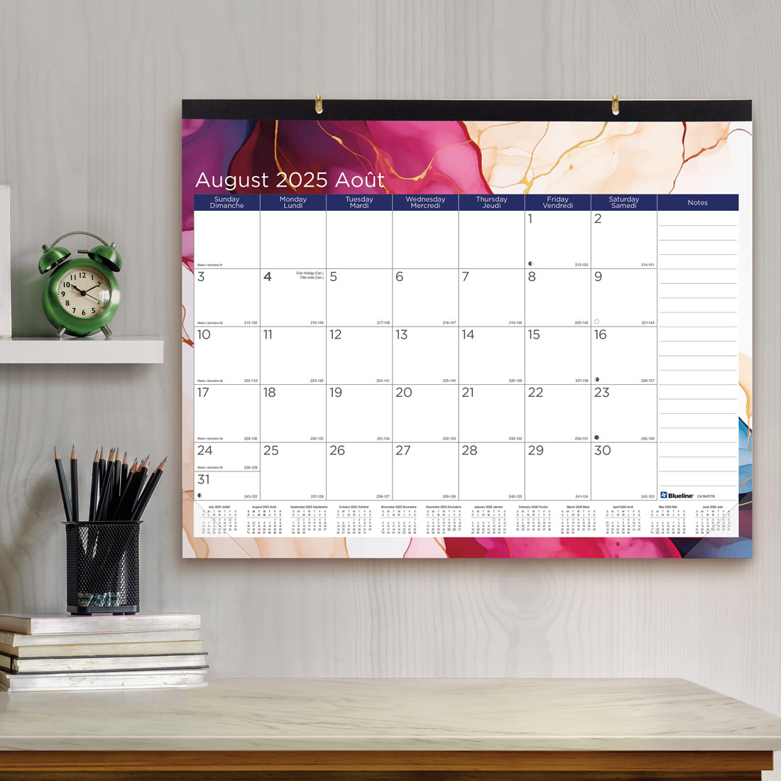 Colourful Academic Monthly Desk Pad Calendar, Marble, 2025-2026 - Bilingual - Blueline CA194117B-26