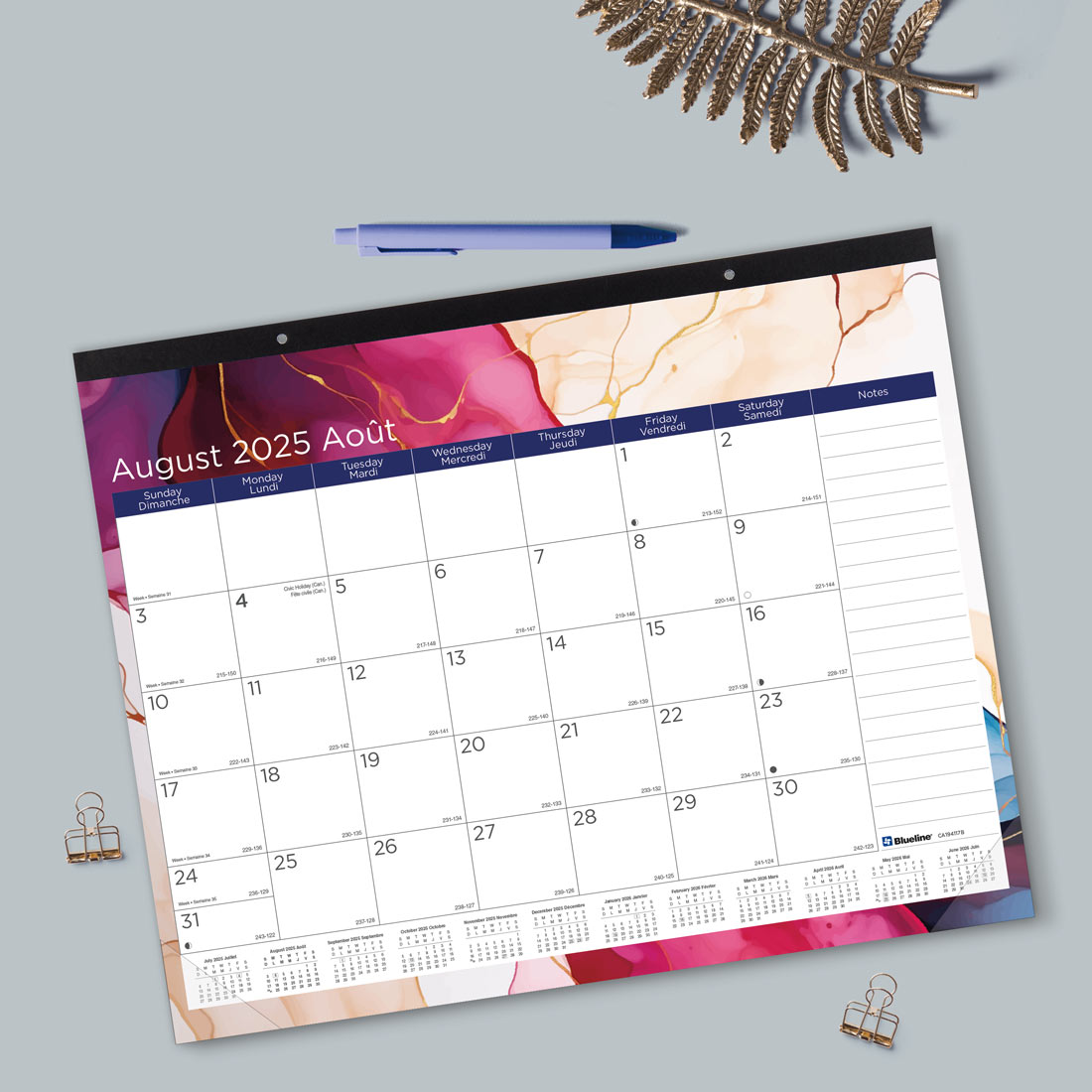 Colourful Academic Monthly Desk Pad Calendar, Marble, 2025-2026 - Bilingual - Blueline CA194117B-26