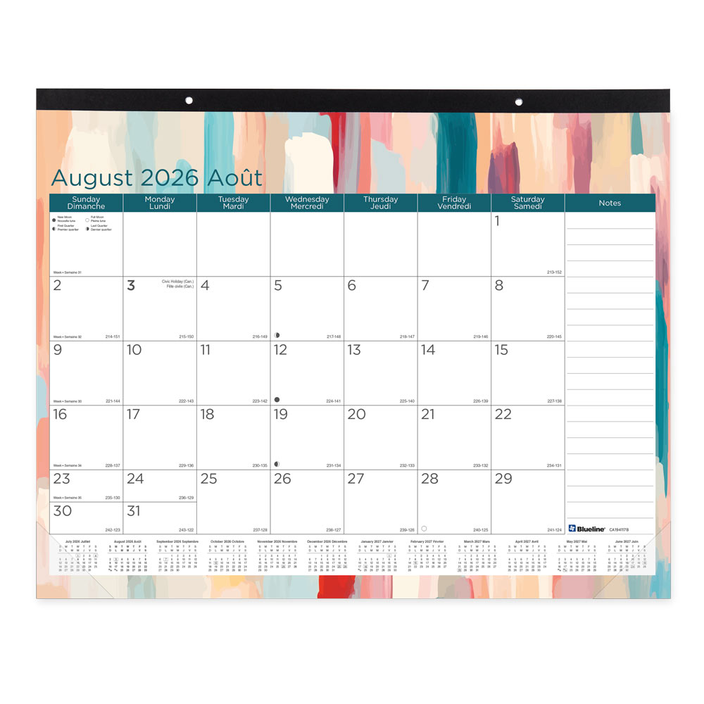Blueline Academic Monthly Desk Pad Calendar, Splash, 2026-2027 - Bilingual CA194117B
