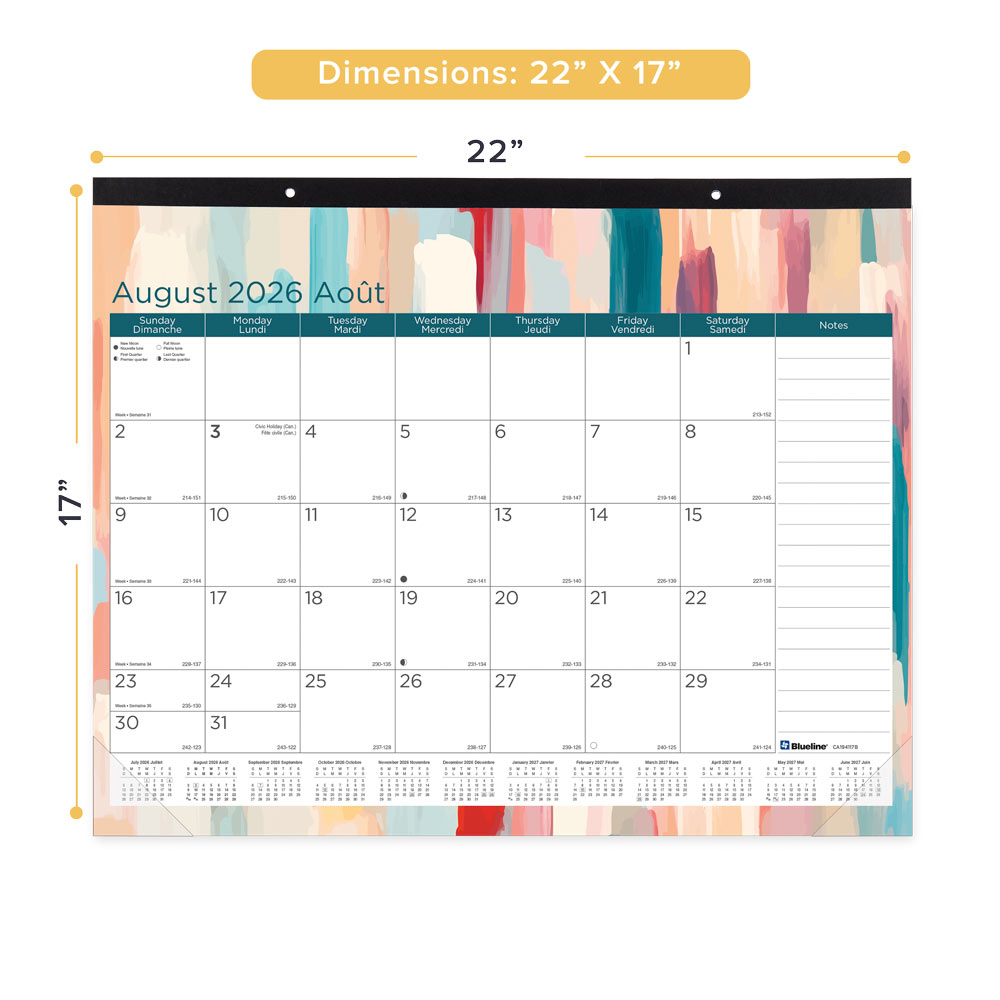 Blueline Academic Monthly Desk Pad Calendar, Splash, 2026-2027 - Bilingual CA194117B