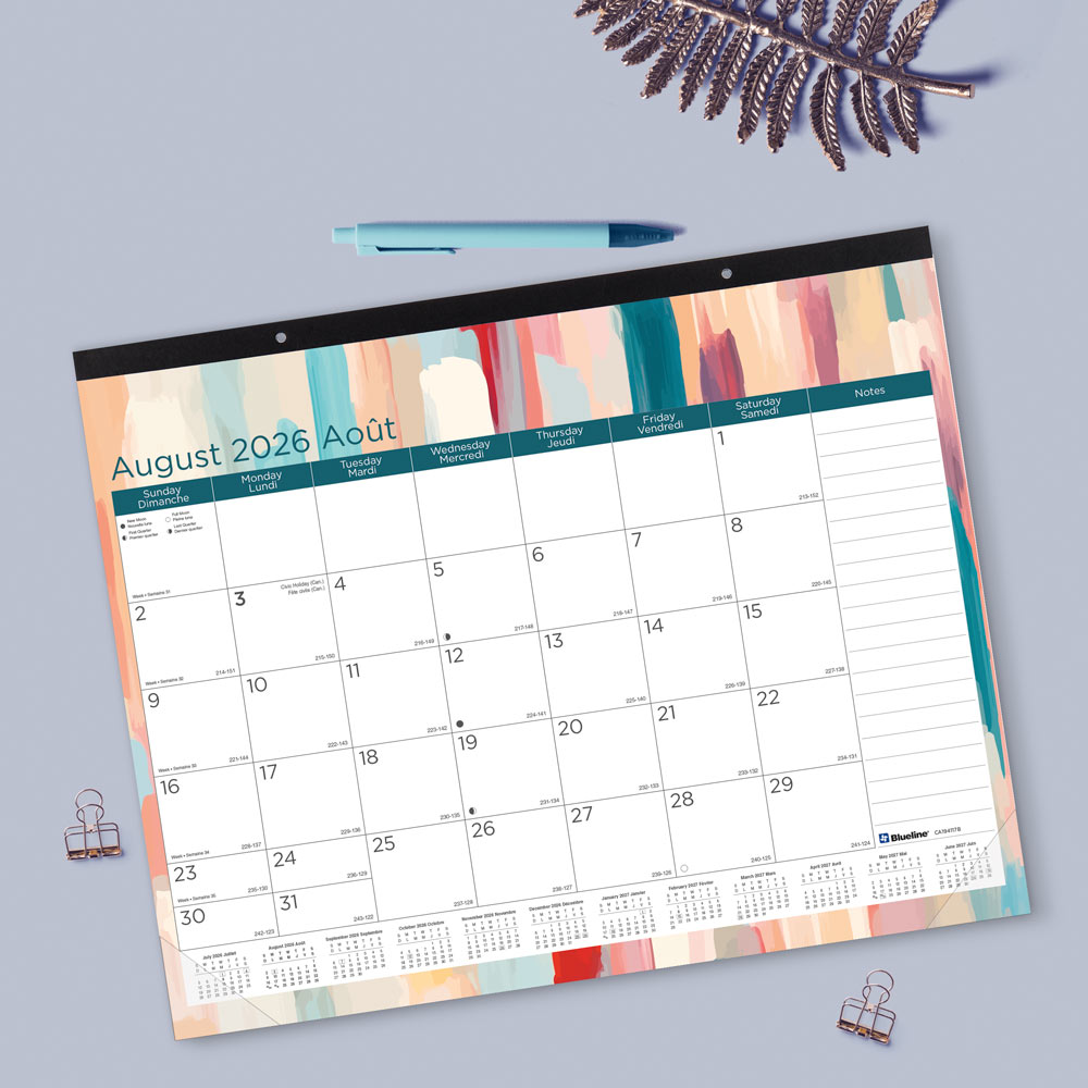 Blueline Academic Monthly Desk Pad Calendar, Splash, 2026-2027 - Bilingual CA194117B