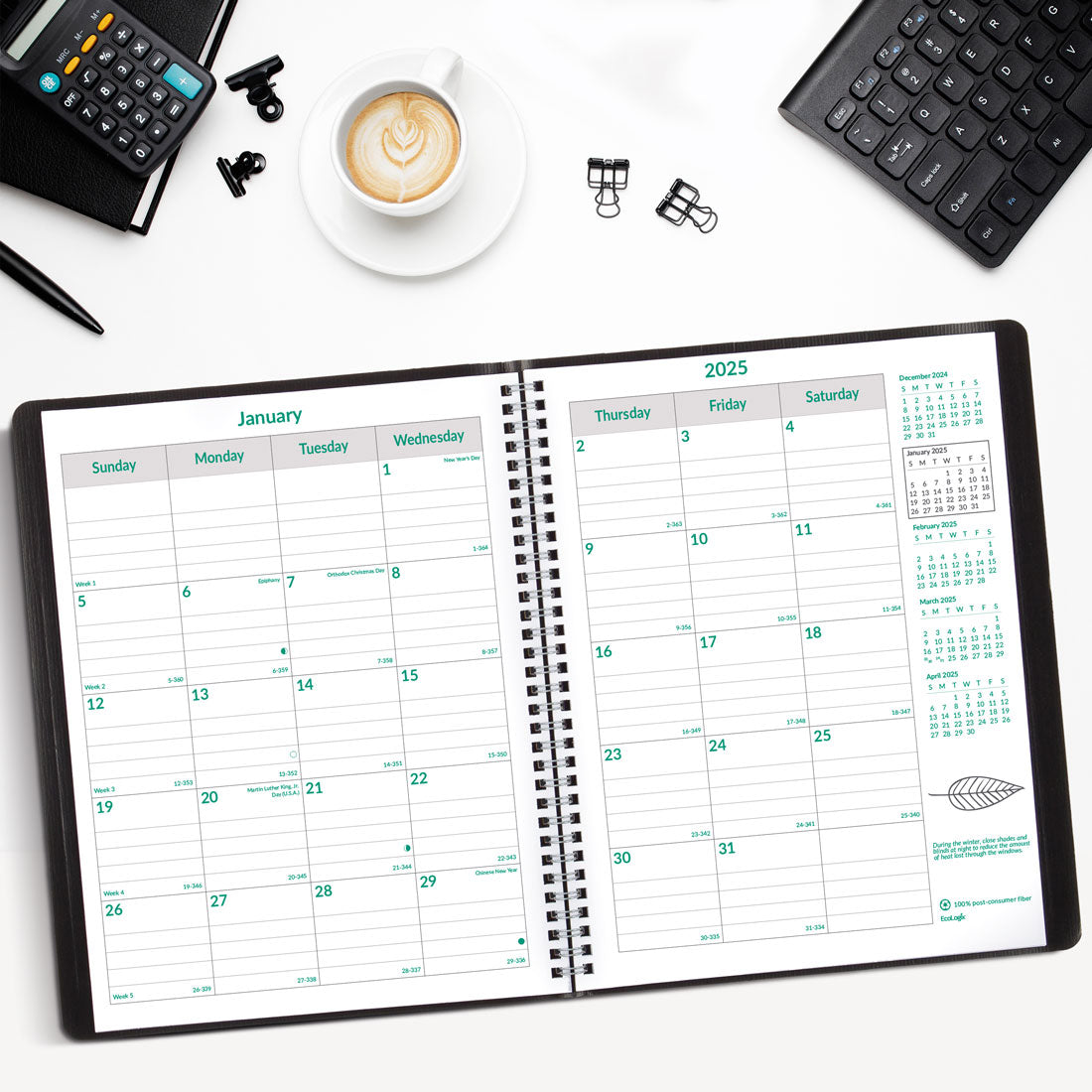 EcoLogix Monthly Planner 2025, Black, CB435W.BLK