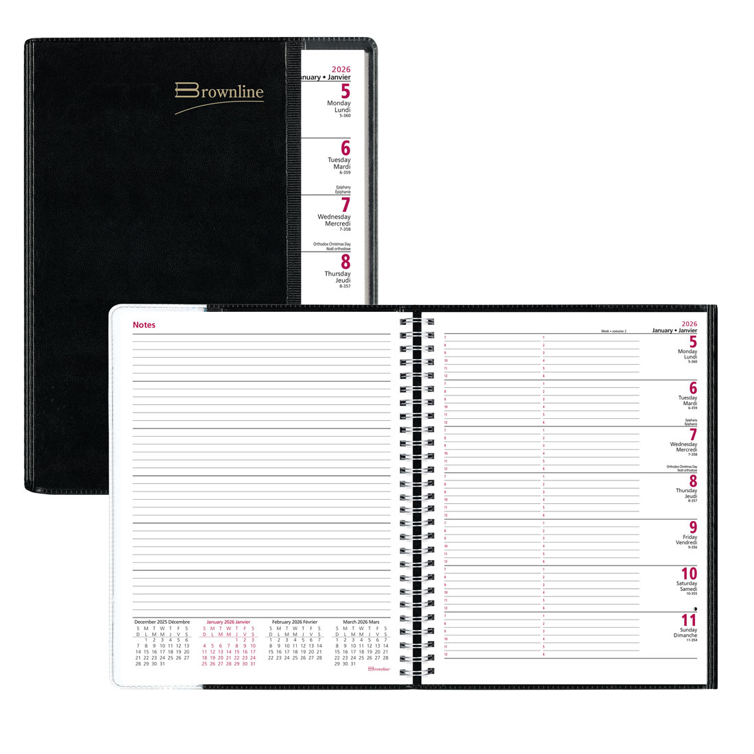 Brownline Pre-Vu Weekly Planner 2026, Bilingual, Tri-Fold Cover, Black CB920B.BLK-26