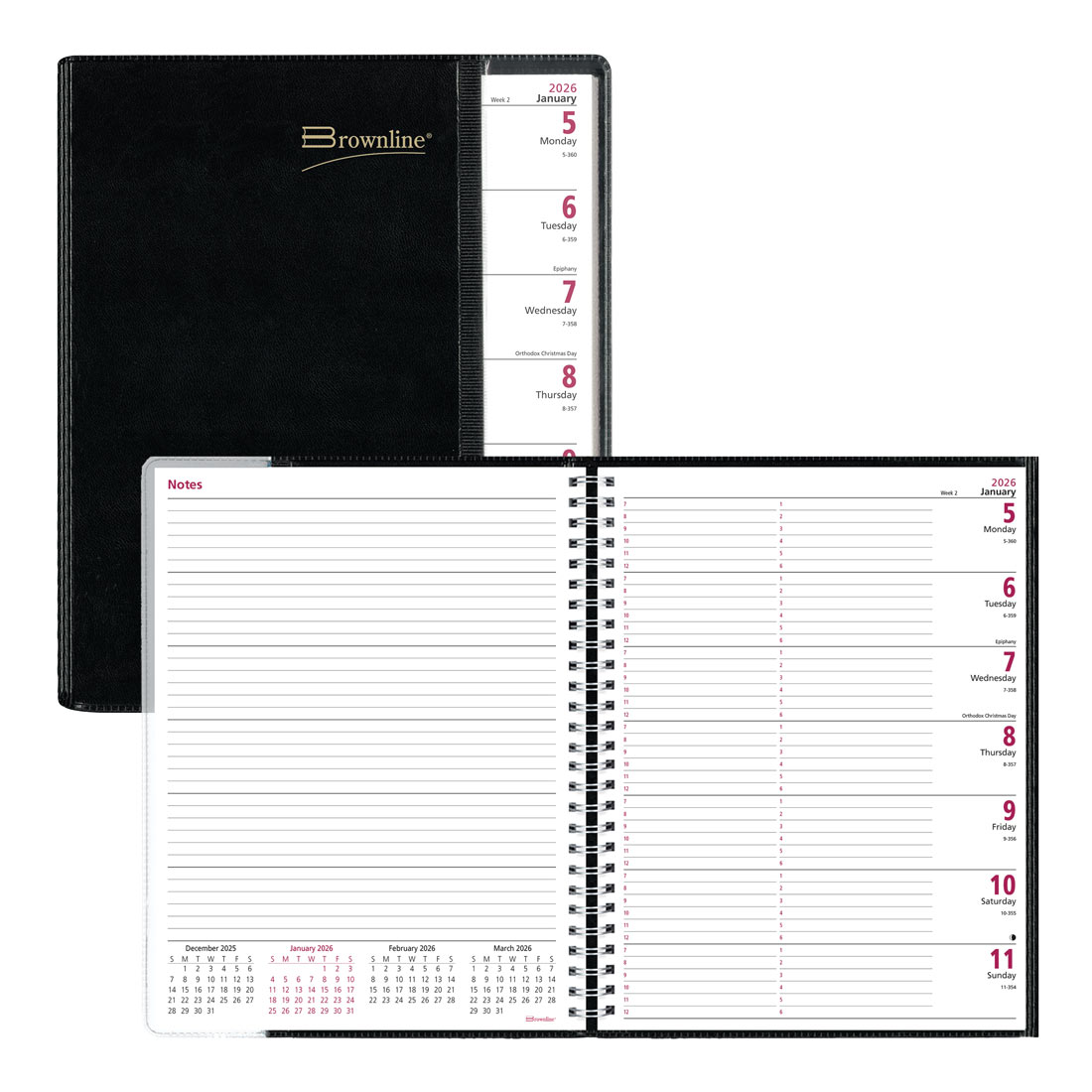 Brownline Pre-Vu Weekly Planner 2026, English, Tri-Fold Cover, Black CB925.BLK-26
