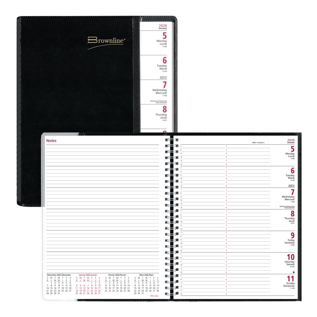 Brownline Pre-Vu Weekly Planner 2026, Bilingual, Tri-Fold Cover, Black CB925B.BLK-26