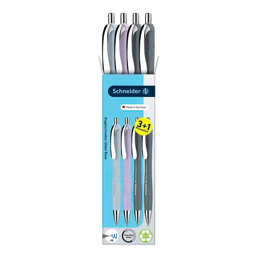 Schneider Rave Retractable Ballpoint Pen XB, Trend 26 Limited Edition, Promo Set of 3 + 1 FREE Pen 132654